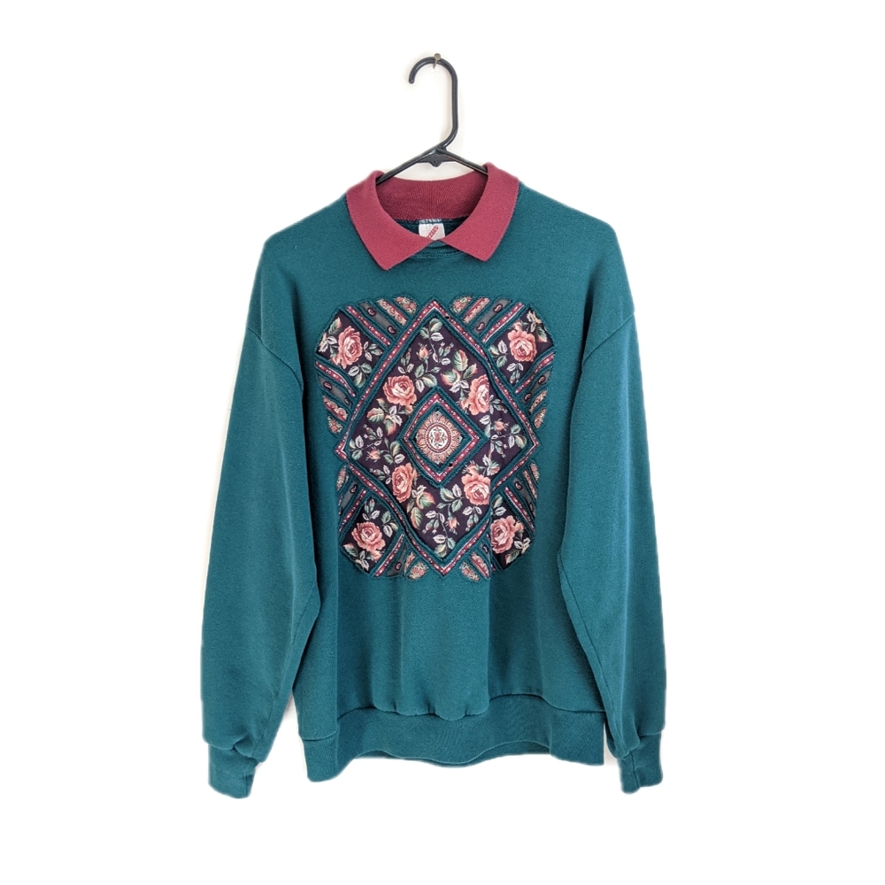 Vintage 90s Grunge Green Cut Out Quilted Floral Oversized Crew Sweater